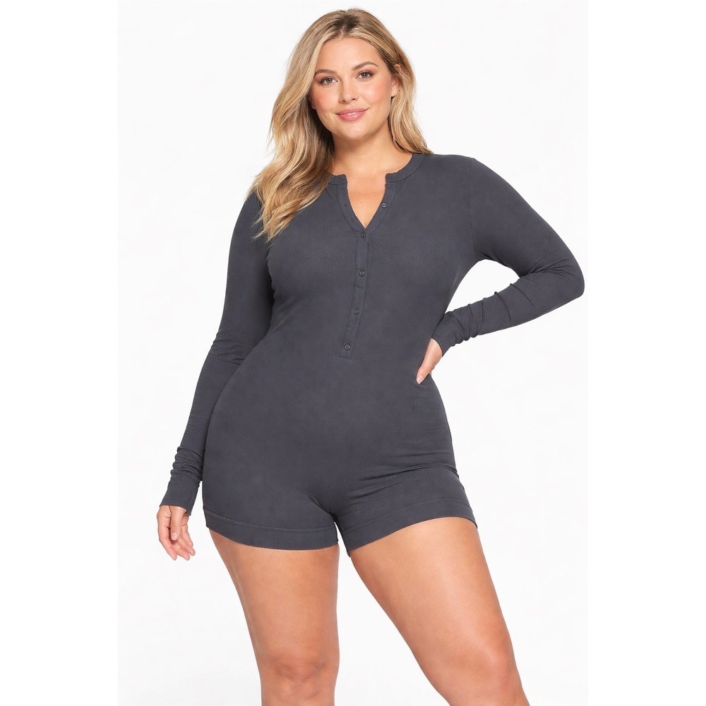 SKIMS Soft Lounge Button Up Henley Romper Gunmetal 4X (FITS 2X-3X)